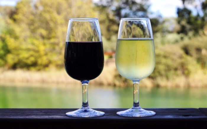 Two glasses of red and white wine on wooden rail overlooking Australian country setting.