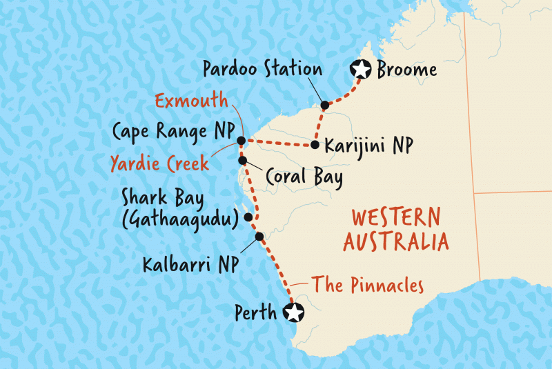 Map of Perth to Broome Overland including Australia