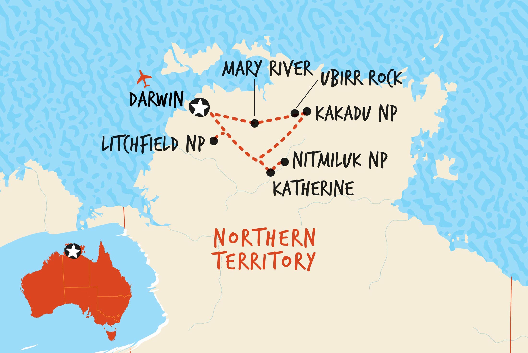 Mappa di Kakadu, Katherine e Litchfield Adventure, inclusa l'Australia